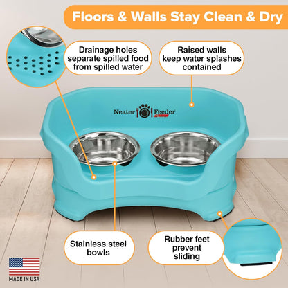Neater Feeder Deluxe Mess Proof Cat Bowls Elevated for All Breeds – Made in USA – No Spill Raised Bowls for Indoor Cats – Stainless Steel Food and Water Bowl Set, Pet Dish Feeding Station, Aquamarine