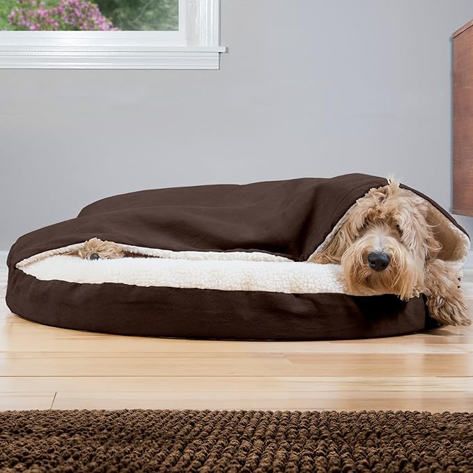 Furhaven 35" Round Orthopedic Dog Bed for Large/Medium Dogs w/ Removable Washable Cover, For Dogs Up to 50 lbs - Sherpa & Suede Snuggery - Espresso, 35-inch