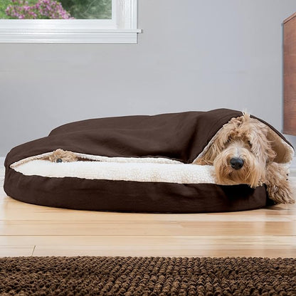 Furhaven 35" Round Orthopedic Dog Bed for Large/Medium Dogs w/ Removable Washable Cover, For Dogs Up to 50 lbs - Sherpa & Suede Snuggery - Espresso, 35-inch