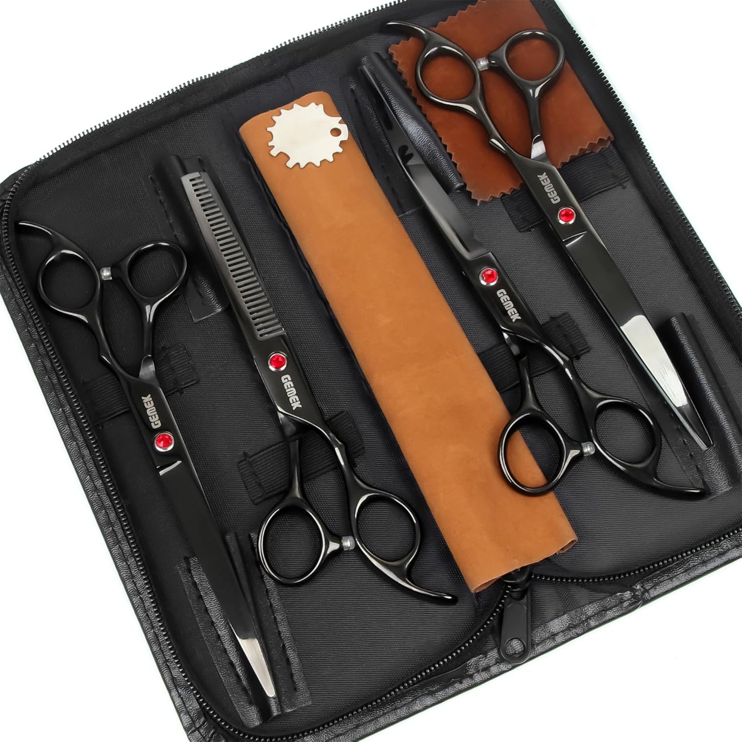 7.0in Titanium Professional Dog Grooming Scissors Set, GEMEK 6 in 1 Straight & Thinning & Upwards Curved & Downwards Curved Scissors & Comb for Dogs, Cats and Other Animals (Black)