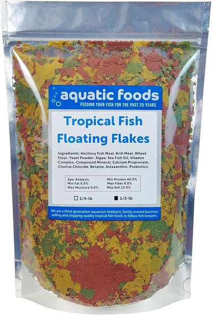 Aquatic Foods Inc. Tropical Fish Flakes, Mix of Krill, Color Enhancing, Spirulina Flakes for Cichlids, Angels, Tetras, Guppies. 12-Type Pellet Mix & 4-Type Wafers Included...WL 1/2-lb Foil Bag