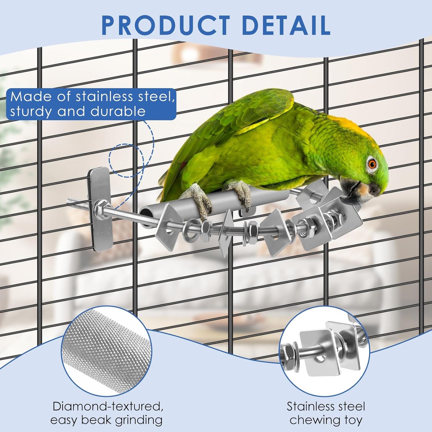 Bird Perch for Cage, Stainless Steel Parrot Perches with Metal Chew Toys, Bird Nail Trimming Cage Accessories for Cockatiels, Macaws, African Grey, Amazon Parrots