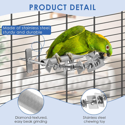 Bird Perch for Cage, Stainless Steel Parrot Perches with Metal Chew Toys, Bird Nail Trimming Cage Accessories for Cockatiels, Macaws, African Grey, Amazon Parrots