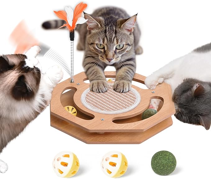 Interactive Toy Cat Scratcher, Sisal Scratching Pad, Kitten Toy Wood with Bell Ball Track, Feather Teaser for Mental Physical Exercise Puzzle