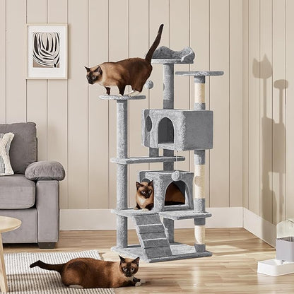 Yaheetech 54in Cat Tree Cat Tower w/Scratching Posts, Double Condos and Dangling Balls Kittens Pet House Play, Light Gray