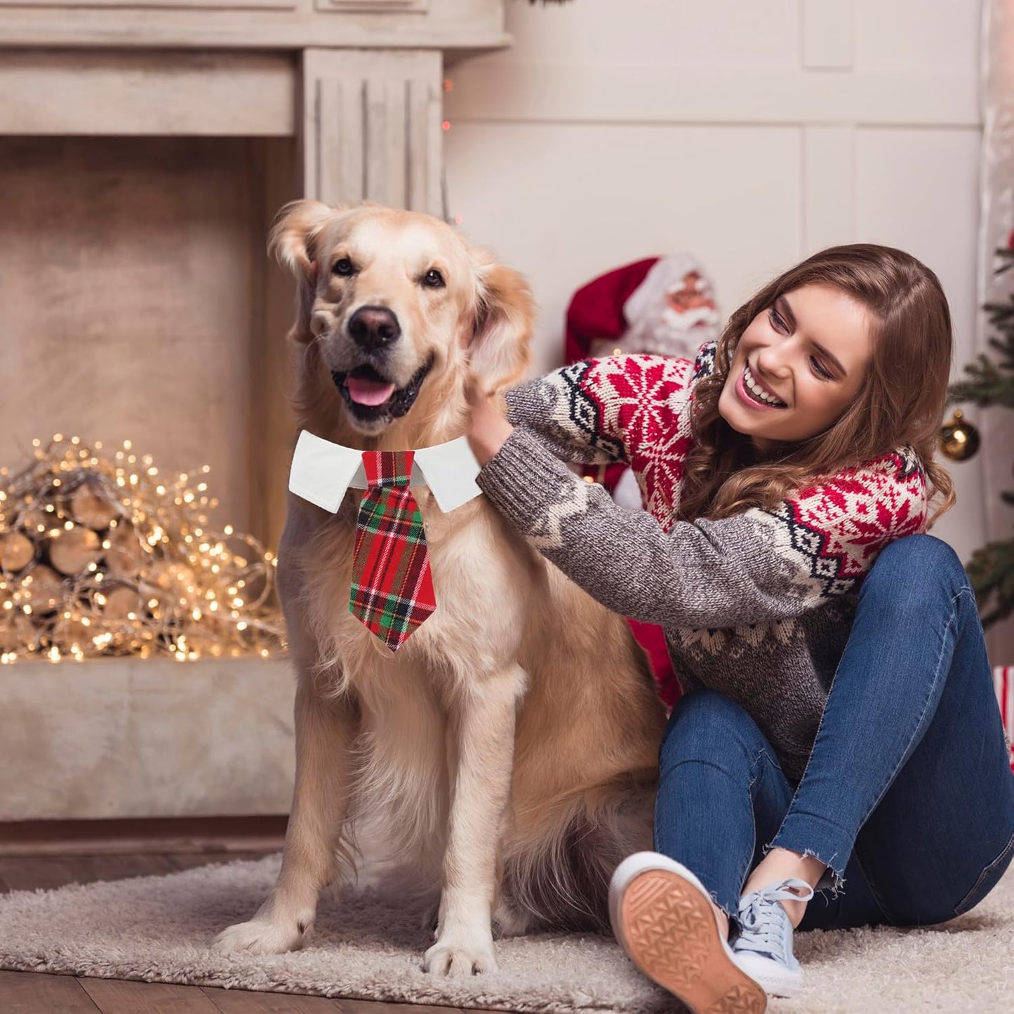 ADOGGYGO Christmas Dog Necktie Tuxedo, Red Plaid Pet Christmas Neck Tie Collar for Small Medium Large Dogs Pets (Large)
