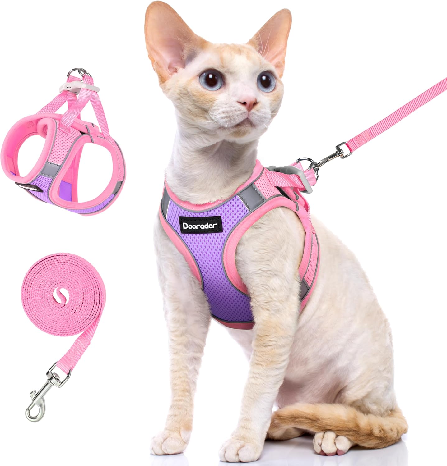 Dooradar Cat Harness and Leash Set, Escape Proof Lightweight Kitten Harness, Soft Breathable Reflective Vest for Outdoor Walking Traveling, Adjustable for Small Cats, Purple & Pink, S
