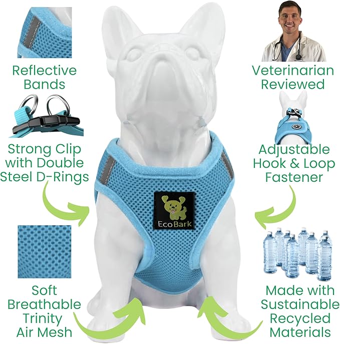 EcoBark Step in Dog Harness - Teacup Dog Harness for XXXS, XXS, XS and Small Dogs - Soft Mesh Puppy Harness - Toy Breed Mini Body Halter Vest - Reflective and Adjustable- 3XS (Baby Blue, XXXS)