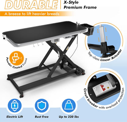 KANIS Professional Electric Dog Grooming Table - Heavy Duty, Height Adjustable Pet Grooming Table w/Leveling Wheels, Grooming Arm, Anti Slip Tabletop & Tool Organizer/Dog Grooming Station (60", BLACK)