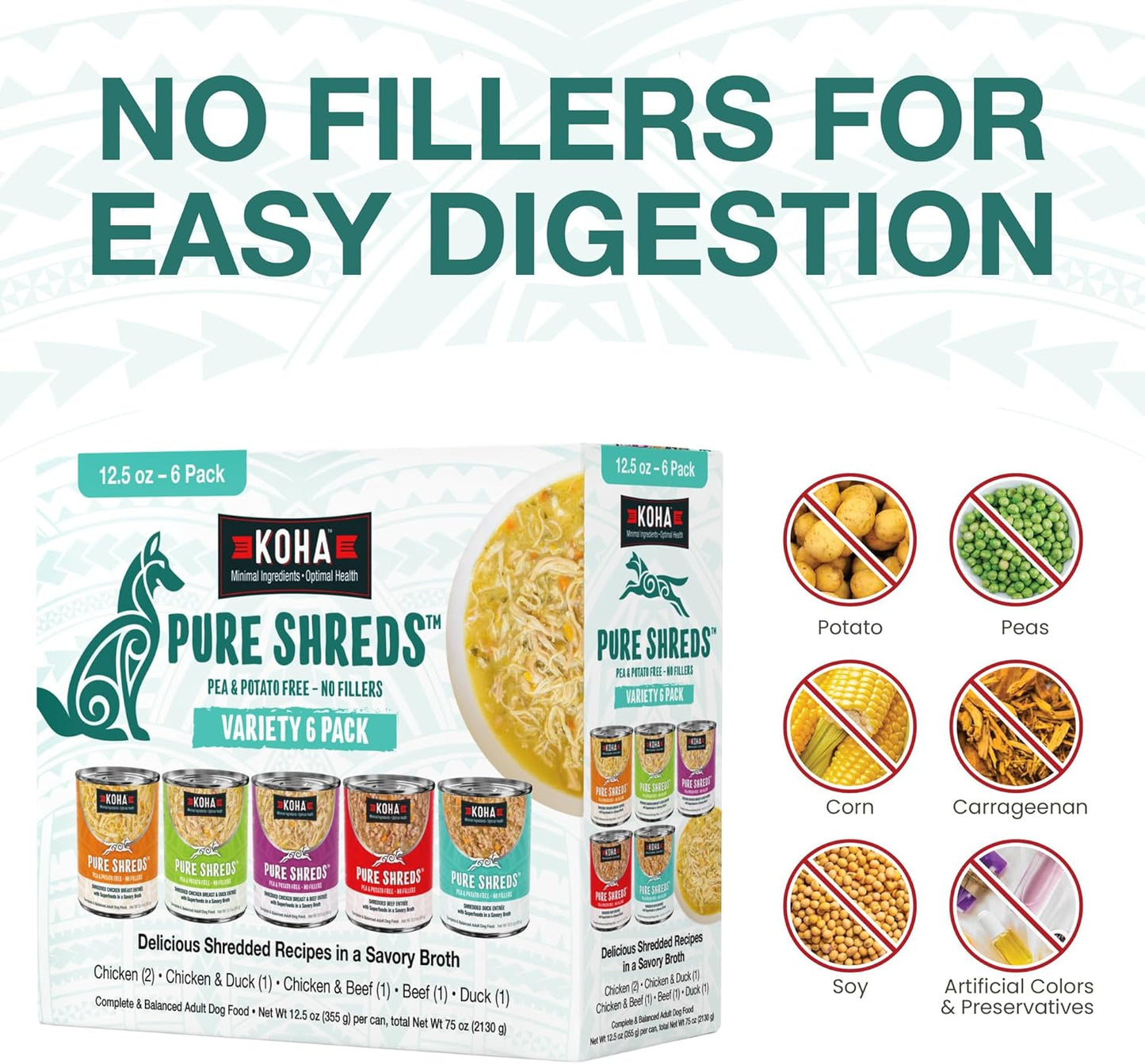 KOHA Pure Shreds Dog Food, 5 Flavors Variety Pack, Wet Food for Picky Eaters, Low Fat, High Protein, 12.5oz Cans, 2 x 6 Pack Cans