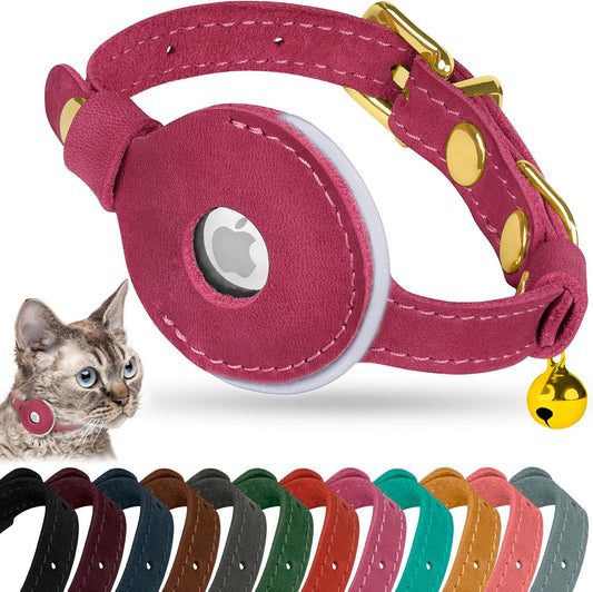 OOPSDOGGY Reflective Leather AirTag Cat Collar with Bell - Non Breakaway Adjustable Pet Collar with Apple Air Tag Holder - Lightweight GPS Kitten Collars for Small Dogs Puppy (Fuchsia)