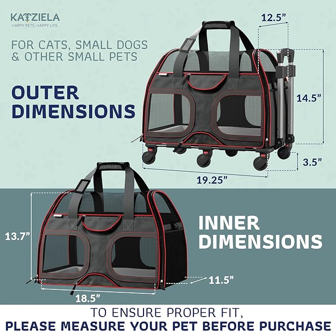 TSA and Airline Approved Pet Carrier with Wheels Katziela Luxury Rider for Dogs Cats Removable Base Flexible Top to Fit Under Seat Rolling Travel Bag (Black/Red)