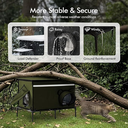 Heated Outdoor cat House for Outside, Weatherproof Insulated Feral Cat Shelter with Timer-Temp Control Heating Pad in Winter, Large Elevated Outdoor Cat House with Zipper, 2 Doors, Safety- Army Green