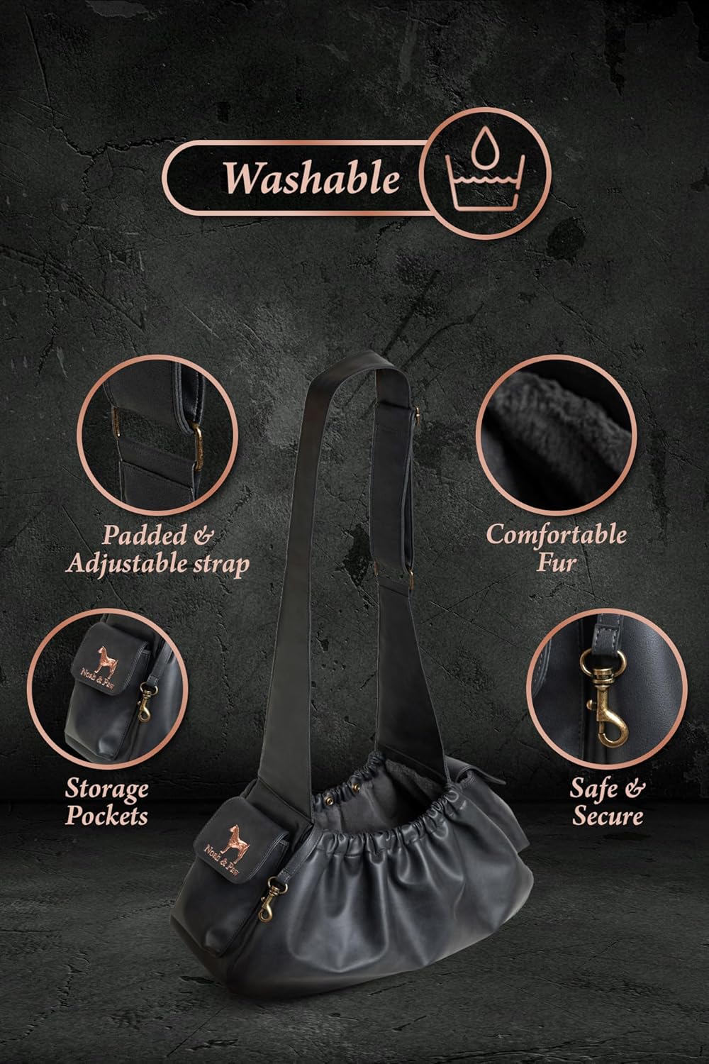 Noah & Paw Dog Sling Carrier for Small Dogs 5-18lb, Dog Sling for Small Dogs and Cats, Dog Carrier with Adjustable Padded Strap, Vegan Leather Lined with Fur, Double Safety Feature, Machine Washable