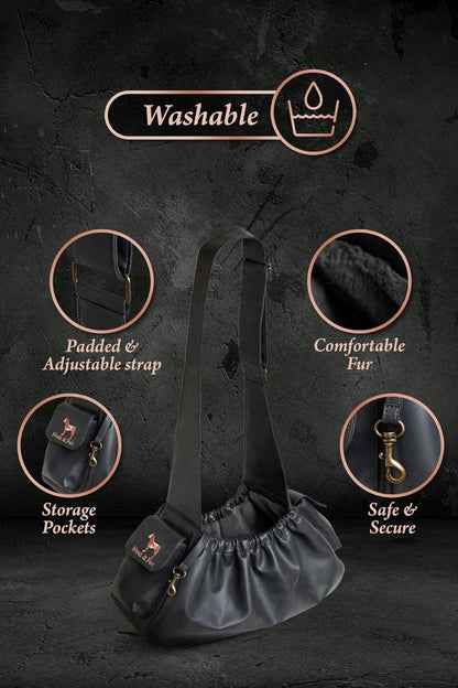 Noah & Paw Dog Sling Carrier for Small Dogs 5-18lb, Dog Sling for Small Dogs and Cats, Dog Carrier with Adjustable Padded Strap, Vegan Leather Lined with Fur, Double Safety Feature, Machine Washable