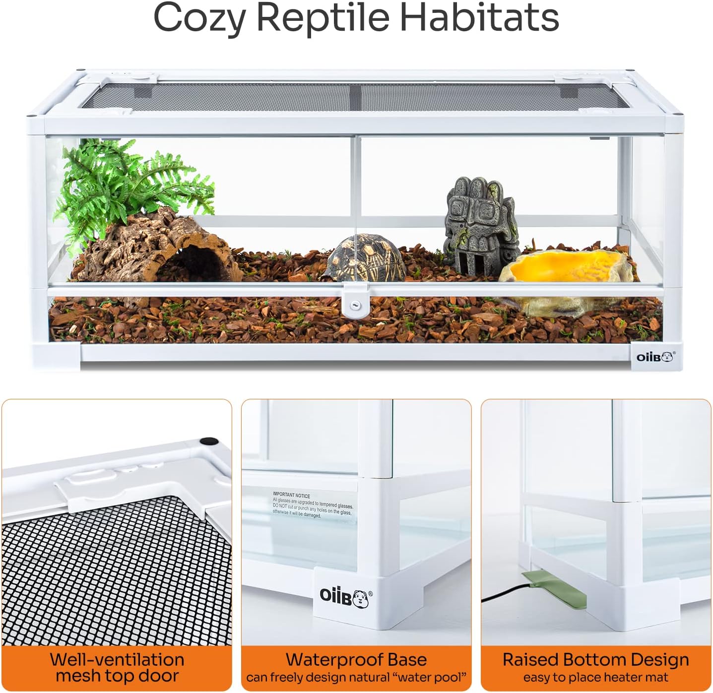 OIIBO Full Glass Long Tank Reptile Terrarium 20 Gallon, Front Opening Terrarium 30" x 12"x 12" for Reptile Pets Gecko Lizard Snake, Double Front Opening Doors & Ventilation Top Screen (Knock-Down)