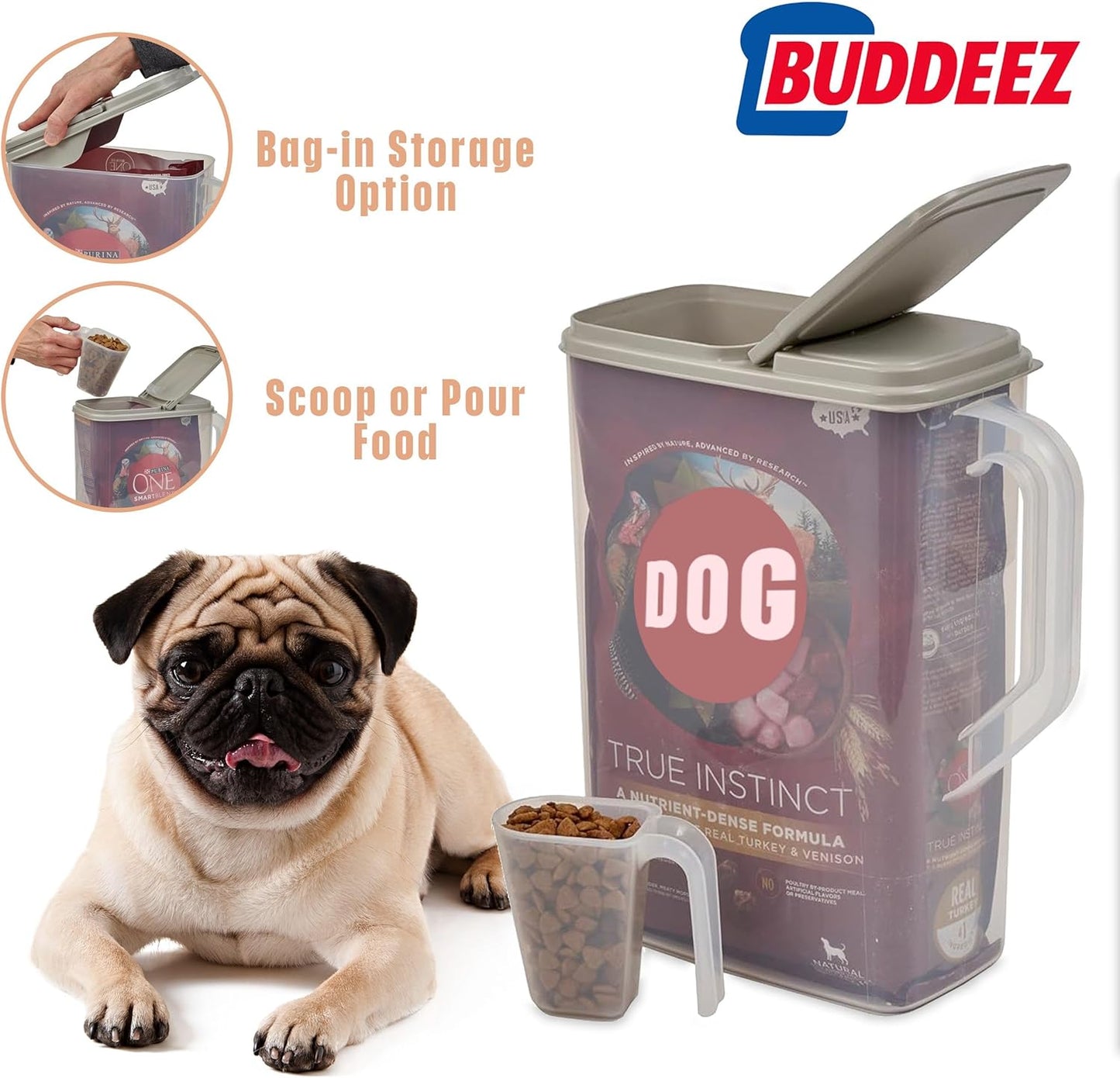 Buddeez Pet Food Storage Container - 8 Quart Capacity Bird Seed Container & Dog Food Storage, with Durable EZ Grip Handle and EZ Flip Lid with Pour Spout