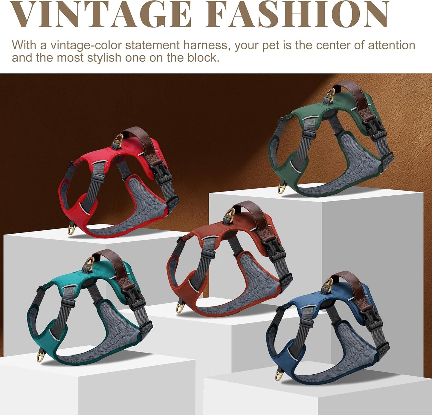 No Pull Dog Harness Small Sized Dog,Stylish PU Leather Vest with Easy Control Handle,No Choke Front Clip with 2 Metal Leash Clips,Reflective & Adjustable for Walking,Blue,Chest 19-24"