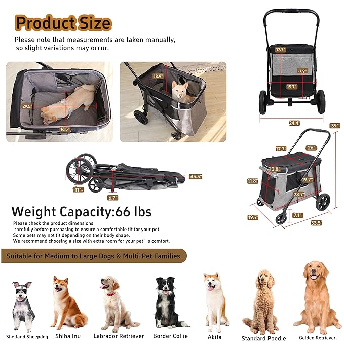 Medium Dog Stroller for Small to Large Dogs 4 Wheels Multi Pet Stroller for 4 Dogs Holds Up to 40lbs, One-Click Folding&Smooth Tires&Sunshade & Storage Basket (Gray, Medium)