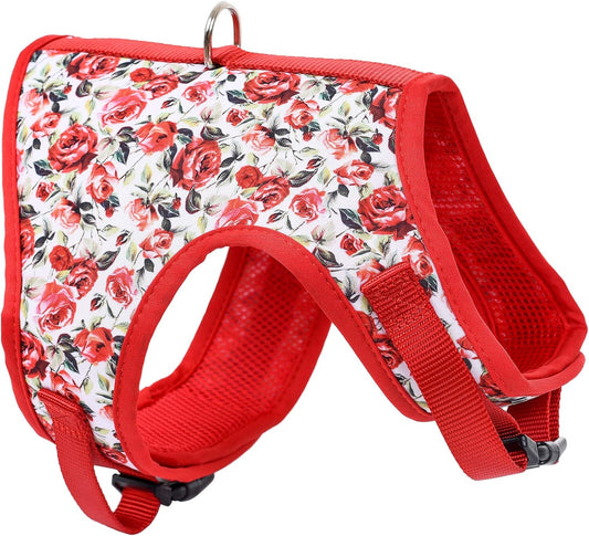 Mile High Life Dog Harness, Air Mesh Floral Vest Harness for 20 lbs Small Dogs & Cats, Easy Get on Adjustable Easy Closures Both Neck and Chest(Red Rose, M Chest 18"-20")
