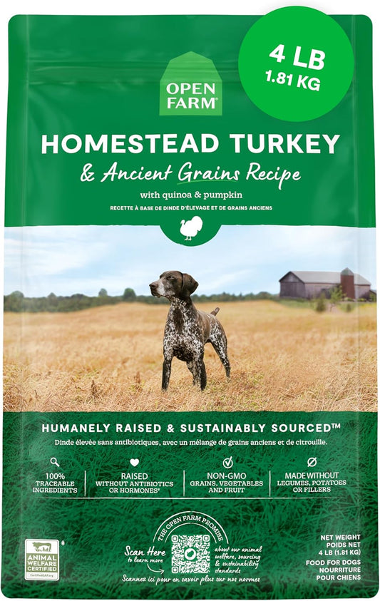 Open Farm, Ancient Grains Dry Dog Food, Protein-Rich & Nutrient Dense, 90% Animal Protein Mixed with Non-GMO Fruits, Veggies and Superfoods, Homestead Turkey Recipe, 4lb Bag