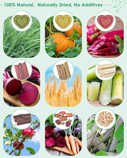 ERKOON 33PCS Bunny Chew Toys for Rabbits Teeth, Natural Rabbit Toys Apple Wood Sticks, Carrot, Timothy Grass Treats for Small Pets, Hamster, Chinchilla, Guinea Pig Dental Care and Treat Teething Toys