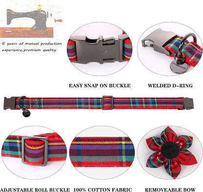 DOGWONG Christmas Dog Collar with Flower, Red Plaid Dog Collar Soft Durable Adjustable Cotton Red Tartan Puppy Collar for Small Medium Large Dog