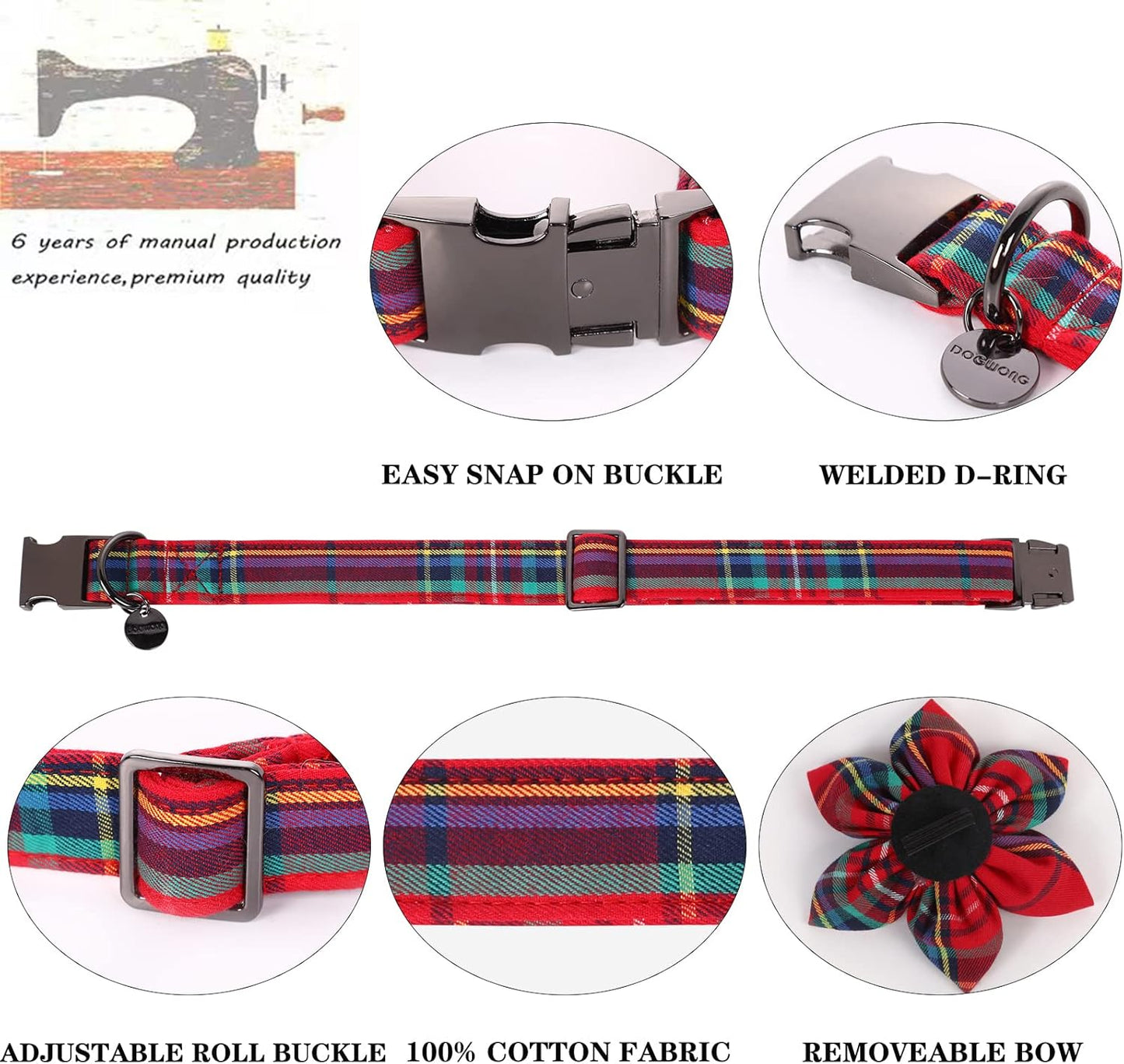 DOGWONG Christmas Dog Collar with Flower, Red Plaid Dog Collar Soft Durable Adjustable Cotton Red Tartan Puppy Collar for Small Medium Large Dog