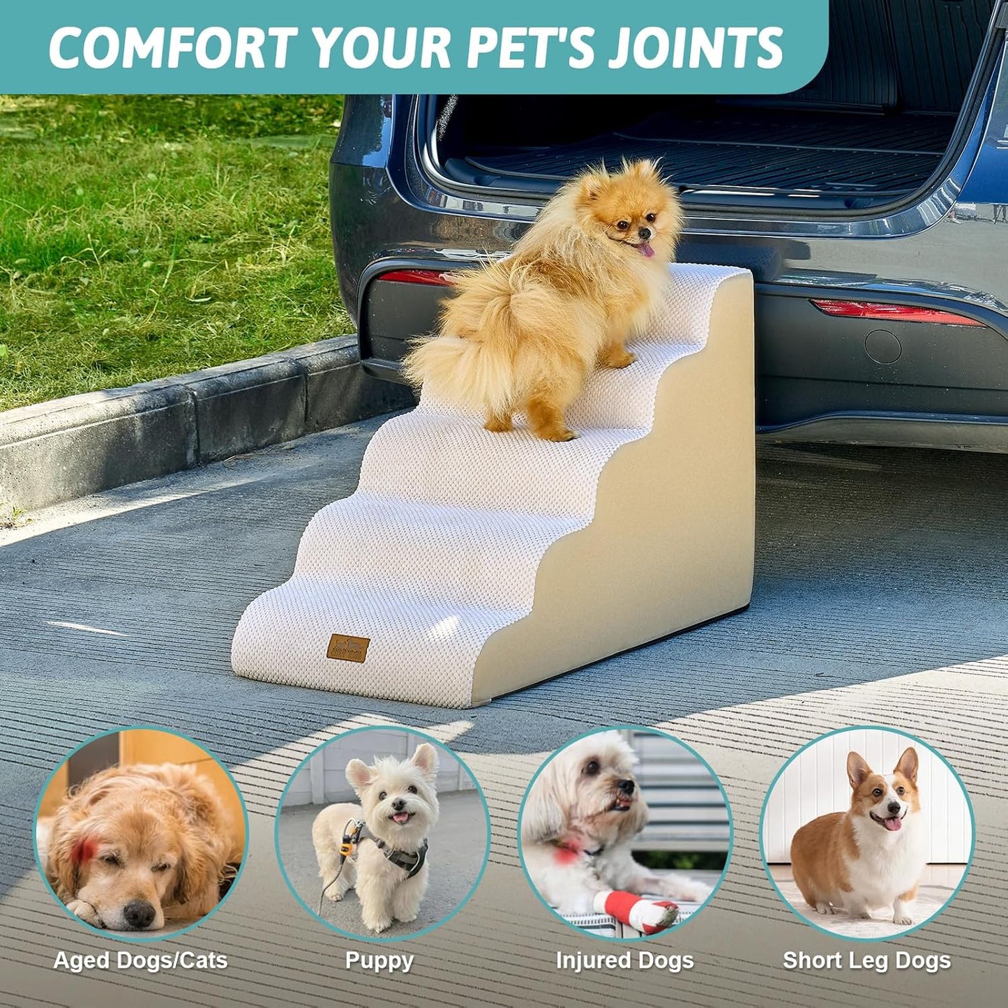 Wide Dog Stairs for Small Dog 22.6" H, Curved Pet Step for Puppy, Older Cat, Curved Ramp for High Bed or Car, Ladder with High Density Foam, Durable, 5 Step, 17.7x33x22.6 inch, Beige