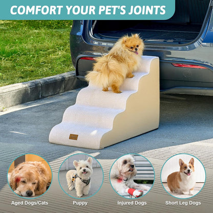 Wide Dog Stairs for Small Dog 22.6" H, Curved Pet Step for Puppy, Older Cat, Curved Ramp for High Bed or Car, Ladder with High Density Foam, Durable, 5 Step, 17.7x33x22.6 inch, Beige