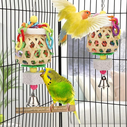 Hypeety Bird Foraging Toys Natural Seagrass Woven Basket Parrot Foraging Chewing Toy with Bell Colourful Parakeet Hanging Toys for Cockatiel Sun Parakeet Budgie Lovebirds (2pcs Woven Basket)