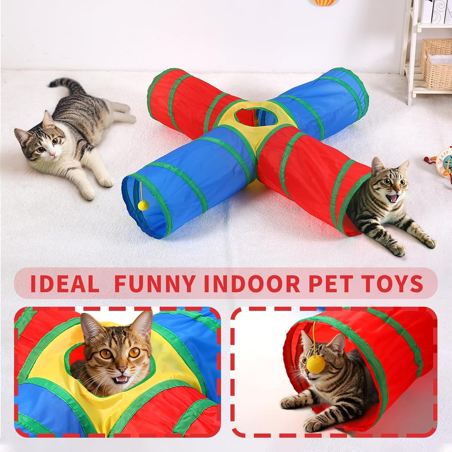 Pet Cat Tunnel, 4 Way Tunnels for Indoor Cats, Collapsible Pet Tunnel for Kitten, Puppy, Rabbit, 25cm-Wide Tunnels, Durable & Breathable, with Peek Hole Toy Ball
