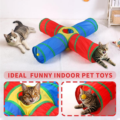 Pet Cat Tunnel, 4 Way Tunnels for Indoor Cats, Collapsible Pet Tunnel for Kitten, Puppy, Rabbit, 25cm-Wide Tunnels, Durable & Breathable, with Peek Hole Toy Ball