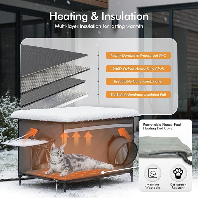 Heated Outdoor cat House for Outside, Weatherproof Insulated Feral Cat Shelter with Timer-Temp Control Heating Pad in Winter, Large Elevated Outdoor Cat House with Zipper, 2 Doors, Safety-Dark Gray