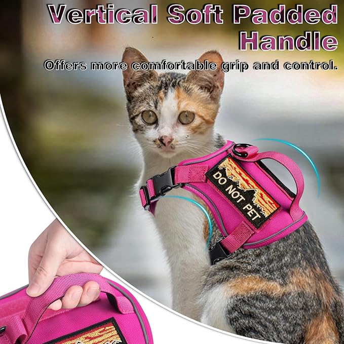 Tactical Cat Harness for Walking, Adjustable Escape Proof Pet Vest for Large Cat,Easy Control Breathable Cat Vest with Handle，Molle Patches (Pink+Leash, L)