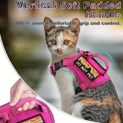 Tactical Cat Harness for Walking, Adjustable Escape Proof Pet Vest for Large Cat,Easy Control Breathable Cat Vest with Handle，Molle Patches (Pink+Leash, L)