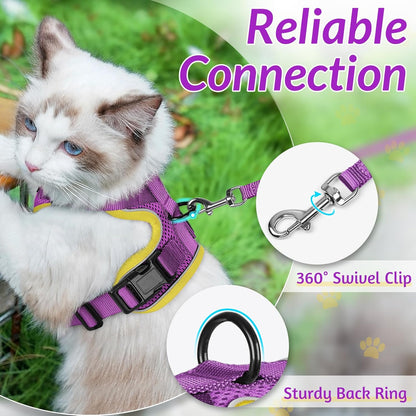 rabbitgoo Cat Harness and Leash for Walking, Escape Proof Soft Adjustable Vest Harnesses for Cats, Easy Control Breathable Reflective Strips Jacket, Purple&Yellow, M