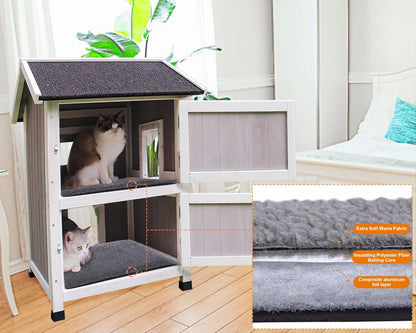 Rockever Outdoor Cat House, Large Outdoor Houses for Feral Cats with Self-Warming Mat Wooden Outside Cat Shelter Weatherproof with Escape Door