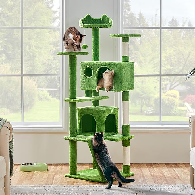 Yaheetech 62in Cat Tree Tower for Indoor Cats, Furniture w/Double Condo, Scratching Posts, Multiple Platforms and Balls for Kittens, Green