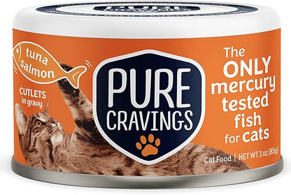 Pure Cravings Wet Cat Food Canned Tuna and Salmon Cutlets in Gravy, 100% Mercury-Tested, Moist Can Fish for Cats, Grain-Free, Protein, Non-GMO, Pack of 12