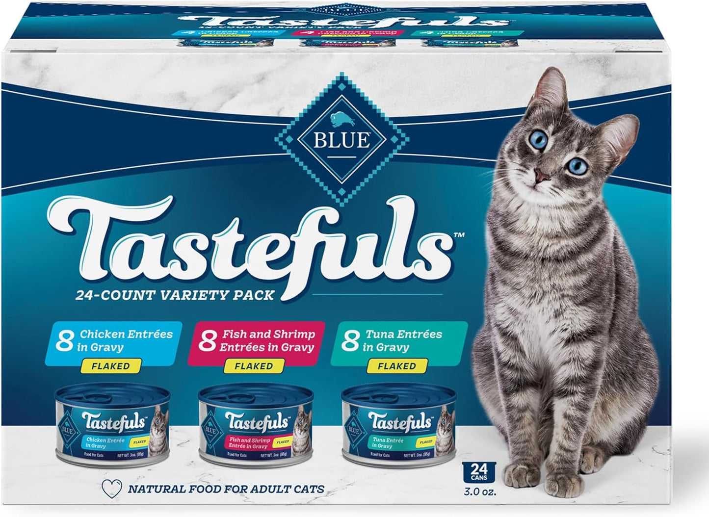 Blue Buffalo Tastefuls Flaked Wet Cat Food Variety Pack, Made with Natural Ingredients, Tuna, Chicken, Fish & Shrimp, 3-oz Cans (12 Count, 4 of Each)