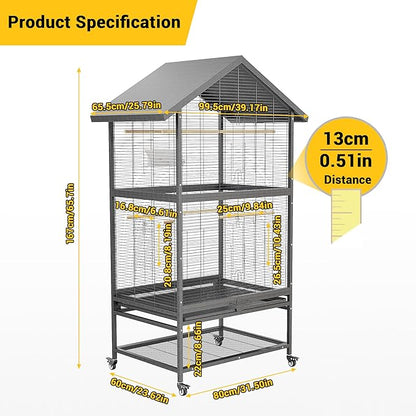 65.7" Large Double Parrot Cage, Bird Cage with Rolling Stand, 4 Perches & Bowls, Outdoor Bird Flight Cages for Parakeets, Conures, Cockatoos, Canaries, Lovebirds - Black