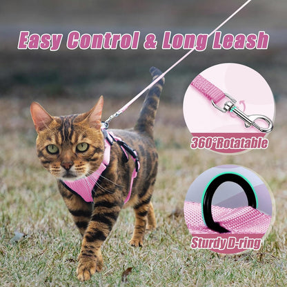 Cat Harness and Leash Set,Escape Proof Adjustable Cat Harness,Soft and Breathable Kitten Harness and Leash with Reflective Strips for Walking and Traveling (Pink, X-Small(3.3-8.9lb))