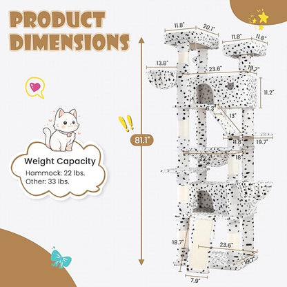 SHA CERLIN 81in Multi-Level Tall Cat Tree Tower for Indoor Kitties/Larger Cat Condo Furniture with Hammock/Cozy Pussycat Perches/Sisal Scratching Posts/Pet House/Wide Base/White & Black Spot