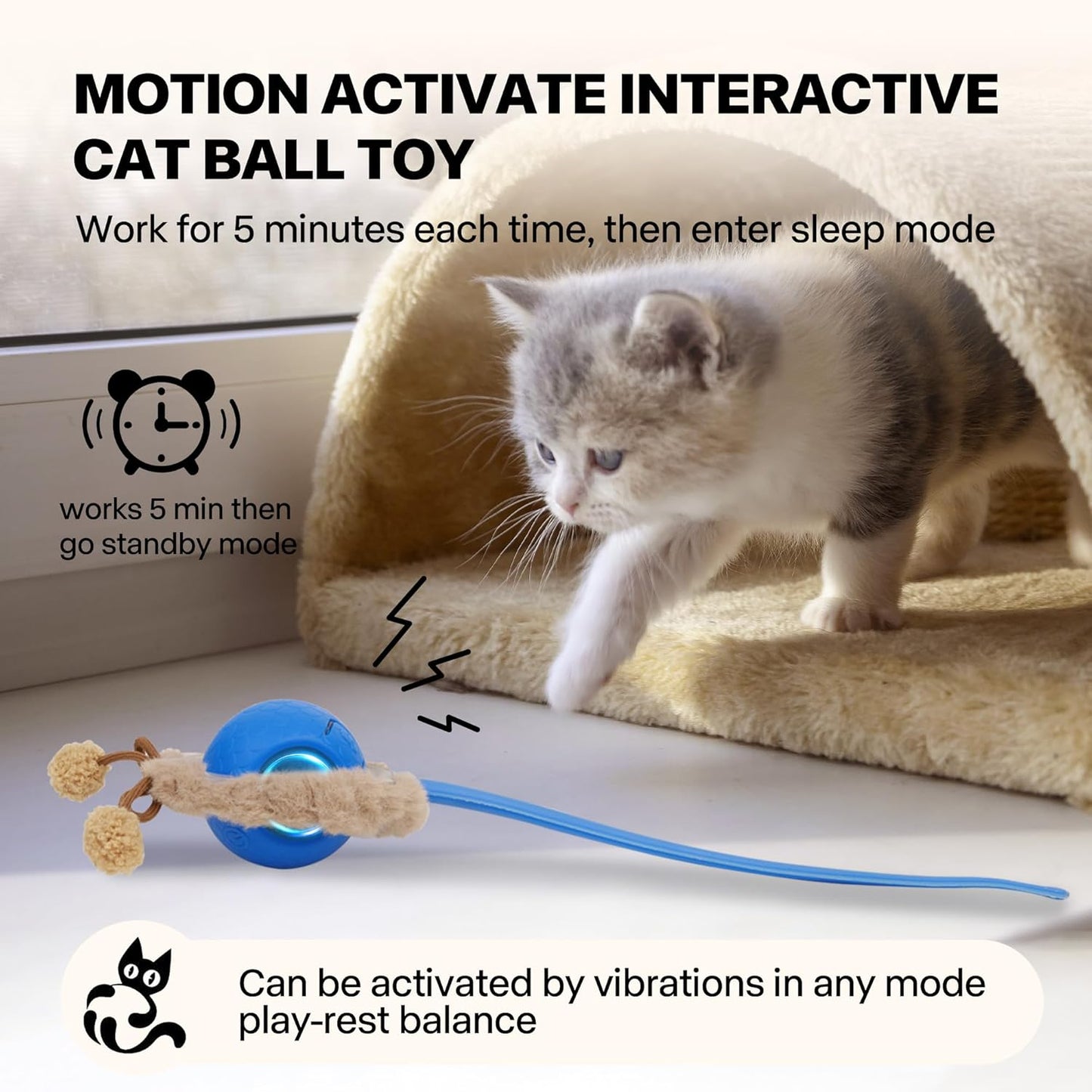 Pet Prime Interactive Cat Toys for Indoor Cats,Motion Activated Automatic Moving Ball with Lights,Electric Self Rotating Ball with Chirping,Rechargeable Smart Cat Toys for Bored