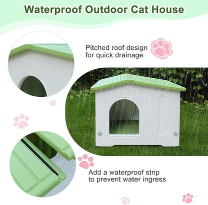 Weatherproof Cat House for Outdoor Indoor Use, Plastic Feral Cat House with Escape Door and Soft Mat, Outside Cat Shelter for Small Pet, Spacious, Assemble Easily - Green