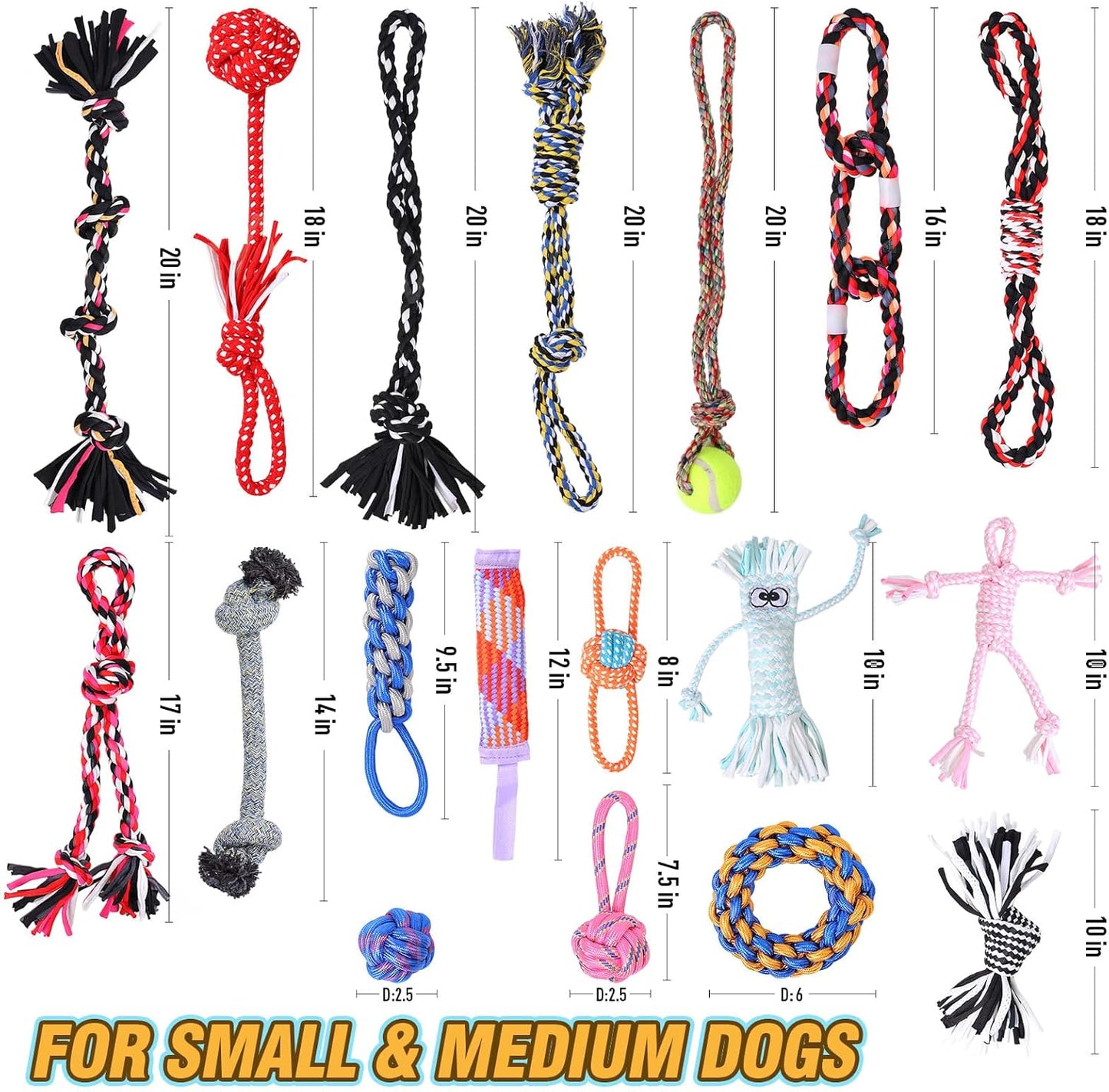 Dog Rope Toys with 18 pcs for Teething, Entertainment & Interaction, Dog Chew Toys, Training Tug Balls and Squeaky Toys for Medium&Small Puppies.