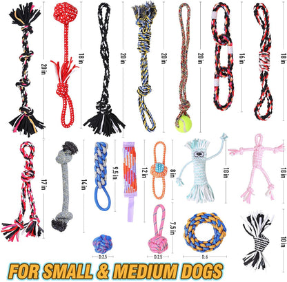 Dog Rope Toys with 18 pcs for Teething, Entertainment & Interaction, Dog Chew Toys, Training Tug Balls and Squeaky Toys for Medium&Small Puppies.