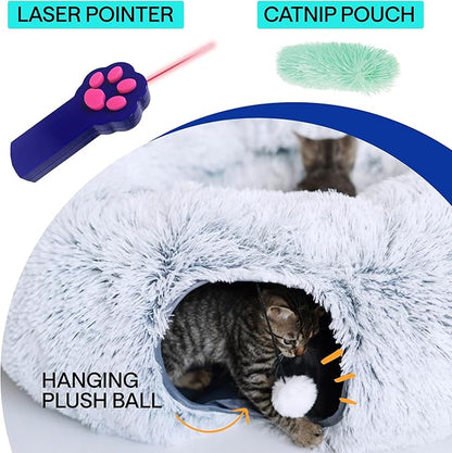 Cat Tunnel Bed with Cat Toys - Bed Donut Cave – XL Plush Circle Hideaway for Indoor Cats, 3-in-1 Foldable Play Tunnel & Cozy Bed, Gift-Ready House Under Christmas Tree