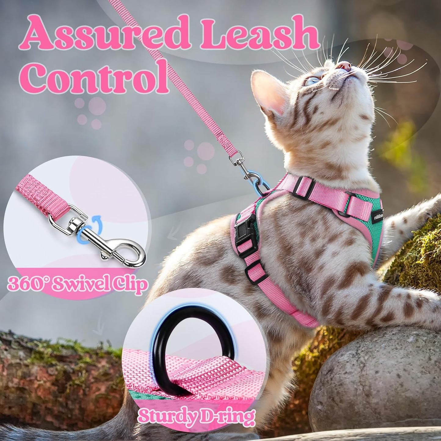 rabbitgoo Cat Harness and Leash Set, Escape Proof Soft Adjustable Vest Harnesses for Outdoor Walking, Easy Control Breathable Kitten Jacket with Reflective Strips, Green & Pink, S